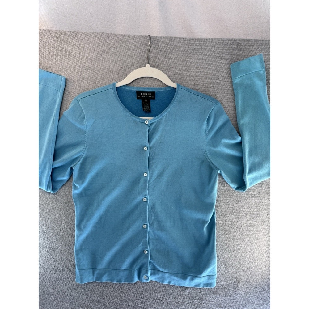 Lauren Ralph Lauren Cardigan Womens M Blue Silk Blend Button Front Sweater